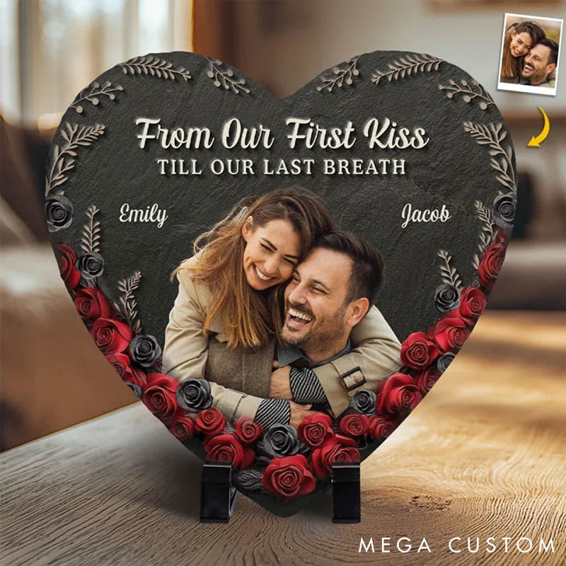 Personalized Couple Photo Rose My Favorite Place in All the World is Next to You Heart Shaped Stone with Stand Newlyweds Christmas Valentines Day Gift