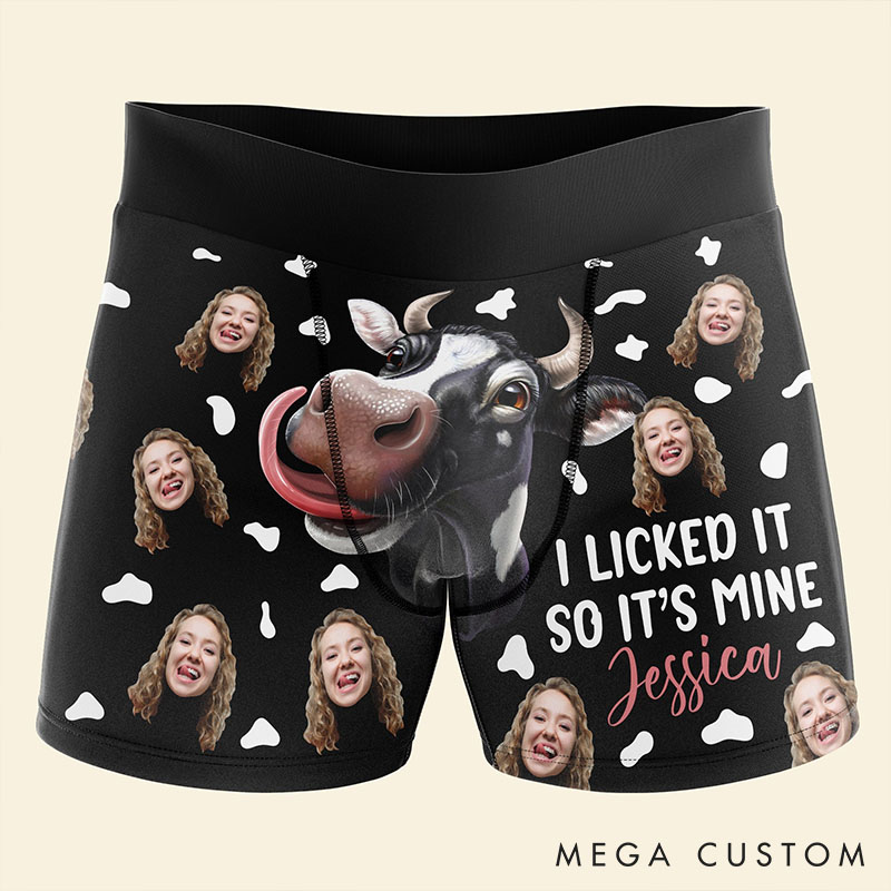 Personalized Girlfriend Wife Face I Licked It So It’s Mine Boxer Briefs Men Cow Underwear with Face Photo Valentines Day Gift for Boyfriend Husband