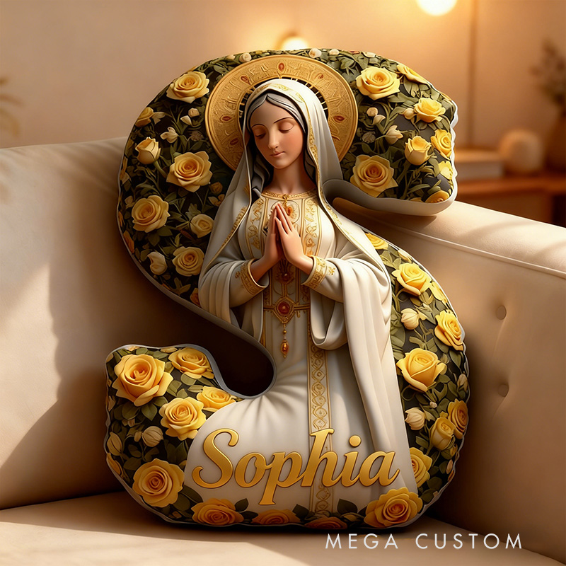 Personalized Virgin Mary Letter Pillow Graphic 3D Print Pillow with Custom Name Religious Home Decor Catholic Prayer Gift for Her Yellow Rose 