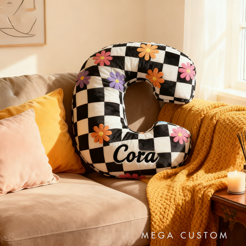 Personalized Black and White Checkered Flower Letter Pillow Custom Name Initial Decorative Appreciation Gifts