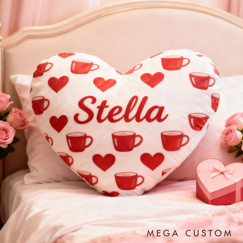 Personalized Girl friend Heart Shaped Coffee Mug Pillow Custom Couple Name Valentines Day Cushion Anniversary Date Night Gift for Her
