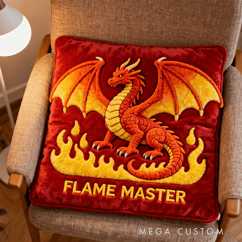 Personalized "Flame Master" 3D Dragon Plush Cushion – Soft Red & Gold Embroidered Decorative Pillow