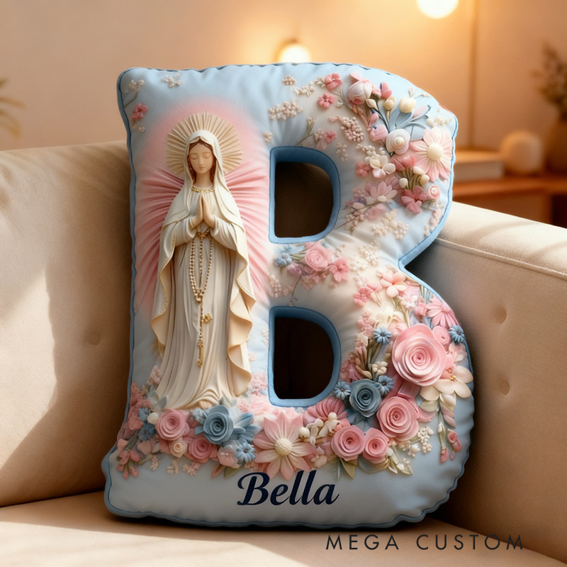 Personalized Floral Serenity of Mary Letter Pillow Graphic 3D Print Pillow with Custom Name Home Decor Religious Gift Catholic Gift for Her