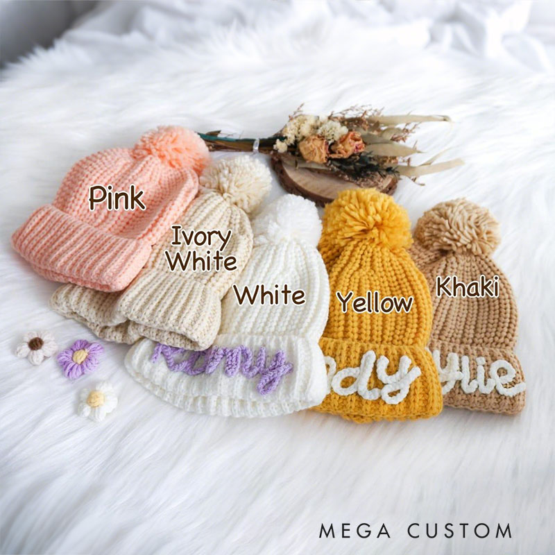 Personalized Knit Kids Beanie with PomPom Handmade Winter Hat Gift for Kids