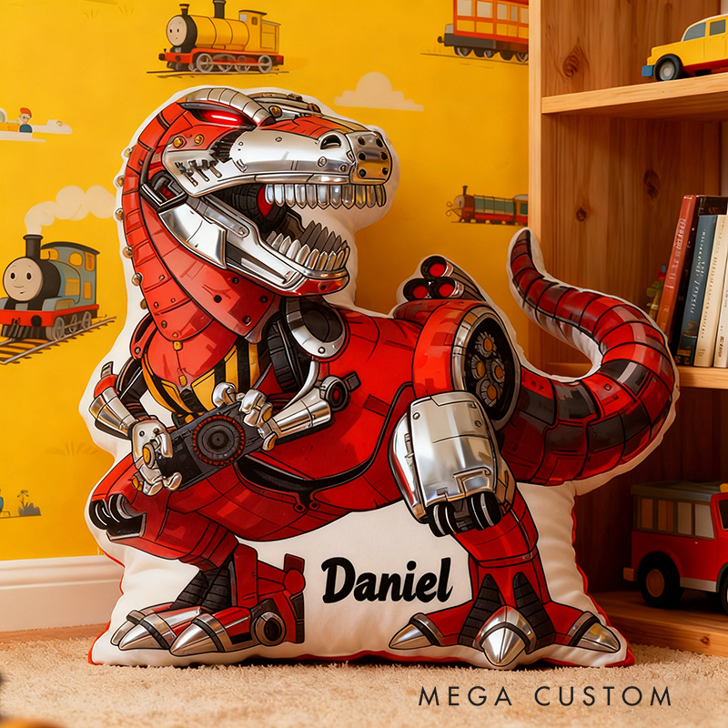 Personalized Robot Dinosaur Name Custom Soft Decorative Gift Futuristic Mechanical Style Fun Playful Cozy Boy Room Exciting Tech Power Jurassic Metal Graphic 3D Print Pillow