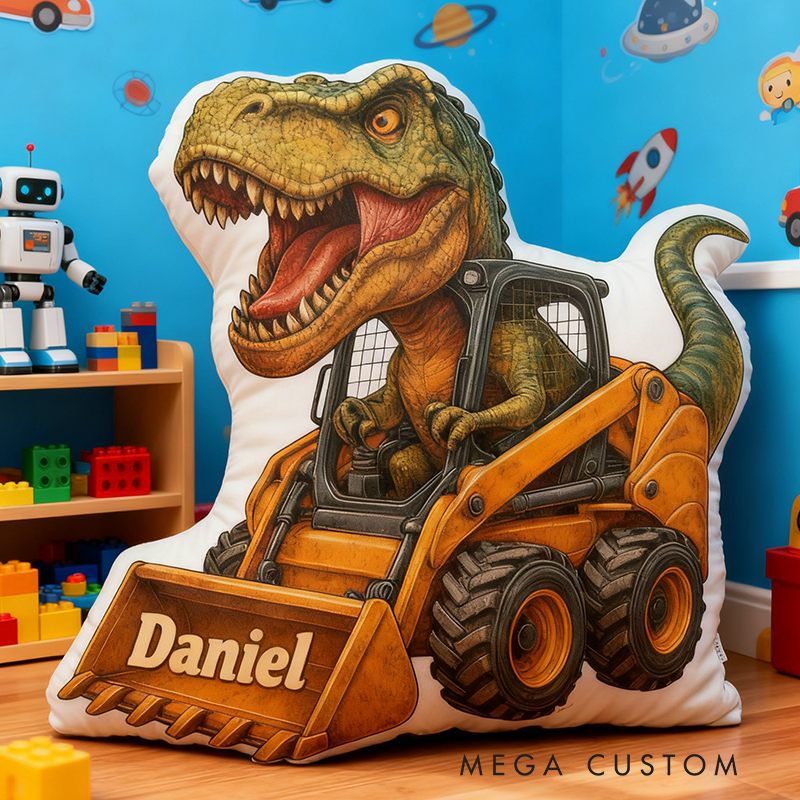 Personalized Dinosaur Excavator Name Custom Soft Decorative Gift Construction Adventure Style Fun Playful Cozy Boy Room Power Machine Truck Graphic 3D Print Pillow