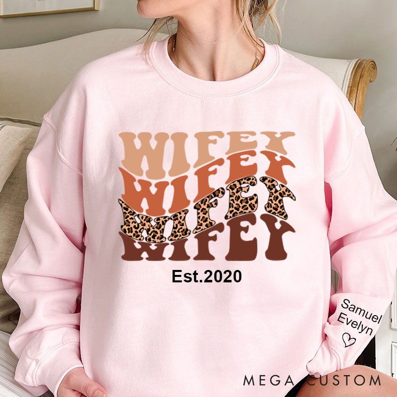 Personalized Wifey Sweatshirt Leopard Print Sweatshirt Valentine's Day Gift  for Wife Custom Anniversary Couple Sweatshirt Wifey Est Shirt