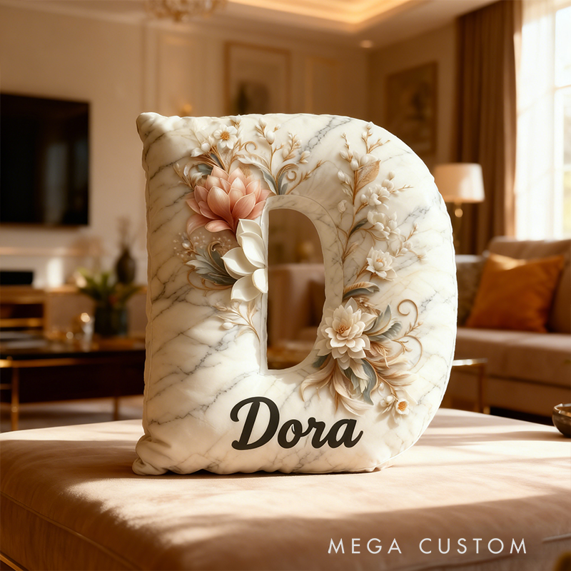 Personalized Marble Floral Letter Pillow 3D Graphic Print Custom Name and Initial Appreciation Gift