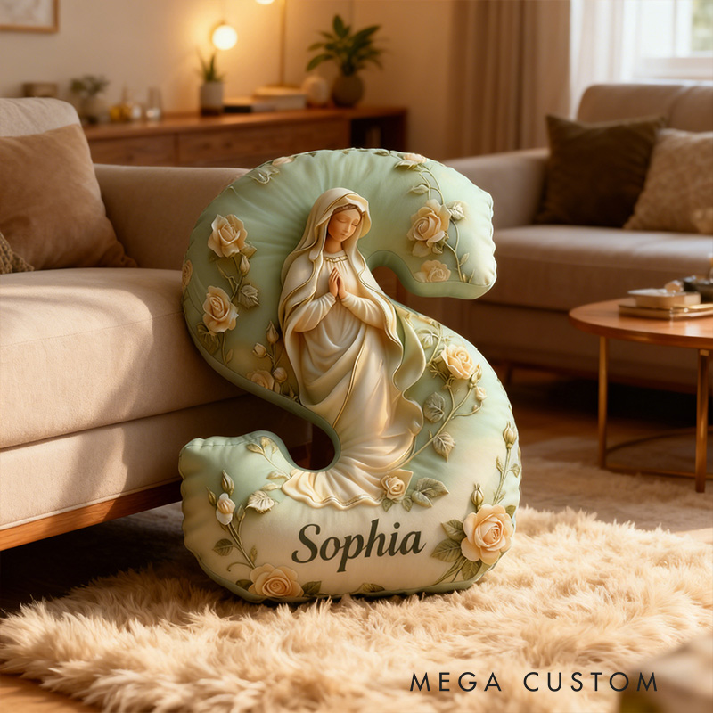 Personalized Virgin Mary Floral Letter Pillow Graphic 3D Print Pillow with Name Home Decor Religious Gift Catholic Gift for Women