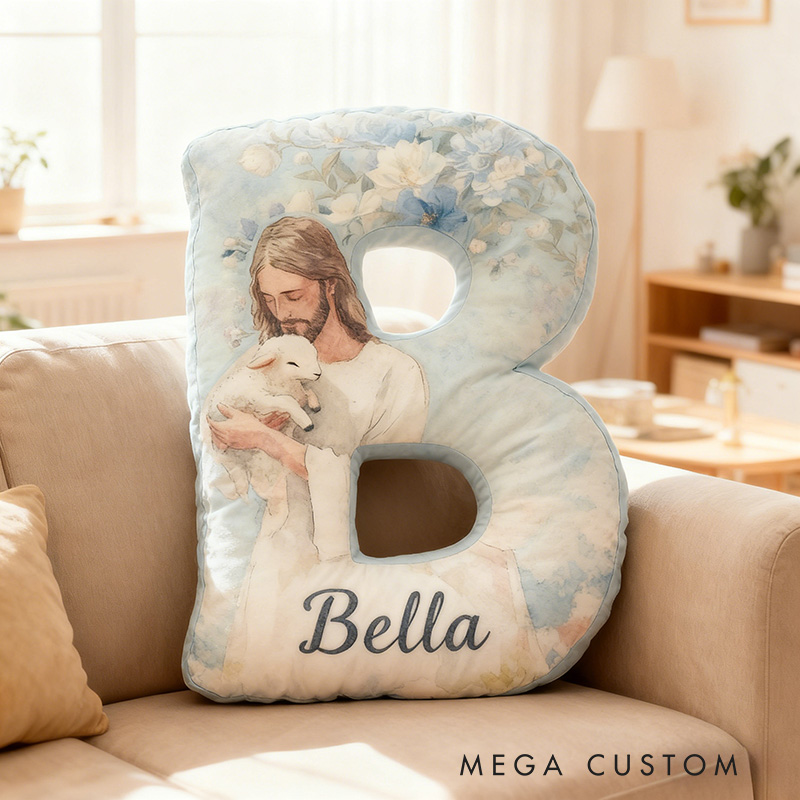 Personalized Jesus Lamb Letter Pillow with Custom Name Religious Home Decor Graphic 3D Print Pillow Christian Gift Faith Gift for Jesus Lover