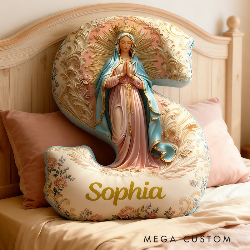 Personalized Golden Grace Virgin Mary Letter Pillow Graphic 3D Print Pillow with Name Home Decor Religious Gift Catholic Gift for Women