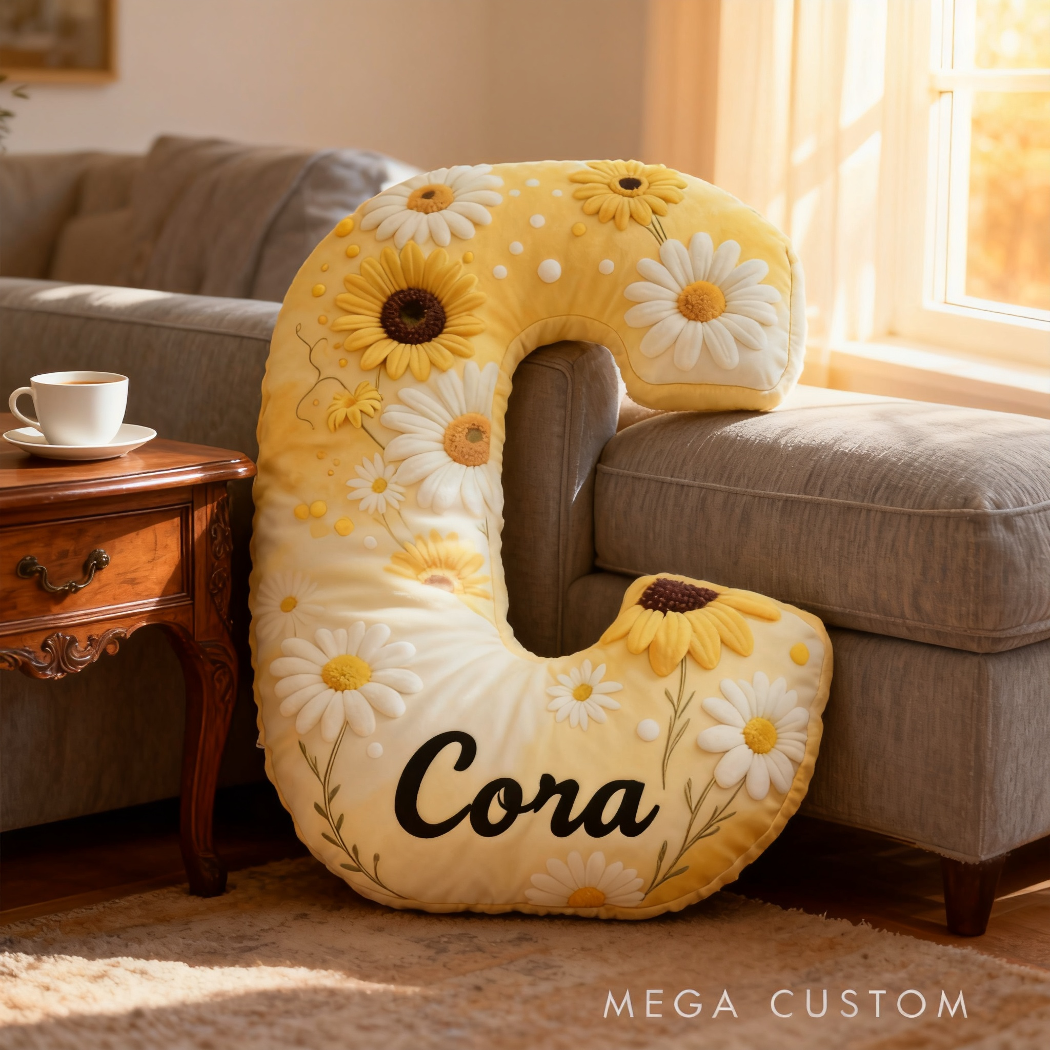 Personalized Sunflower Floral Letter Pillow 3D Graphic Print Custom Name and Initial Appreciation Gifts