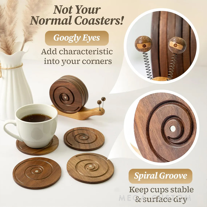 Wooden Snail Coaster Set – Handcrafted Drink Coasters with Adorable Snail Holder | Unique Home Decor & Gift Idea, Bring a touch of charm and creativity to your home with this adorable wooden snail coaster set! 