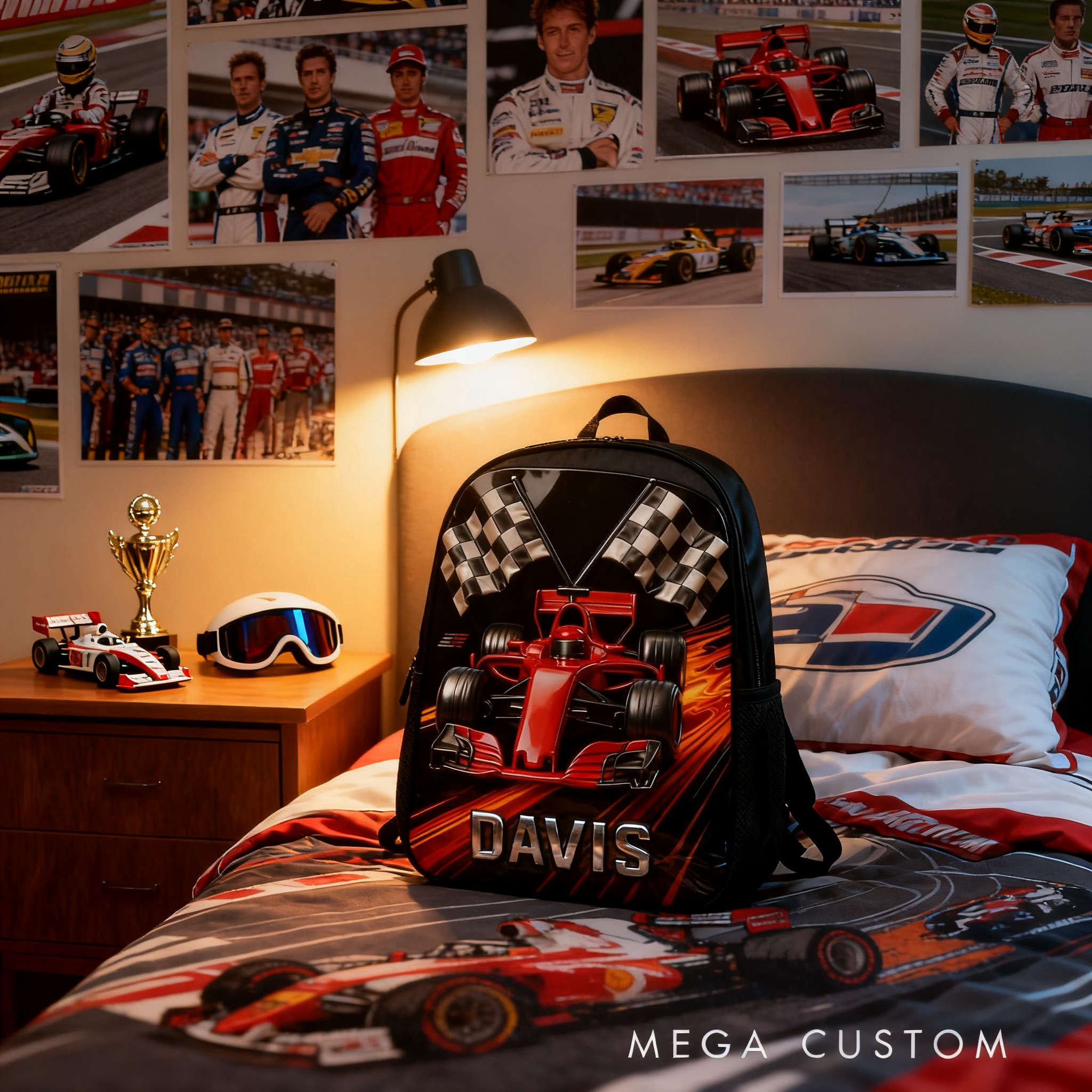 Personalized Racing Backpack Custom Name and Design with Race Car and Checkered Flag Theme Bag Perfect for Racing Fans