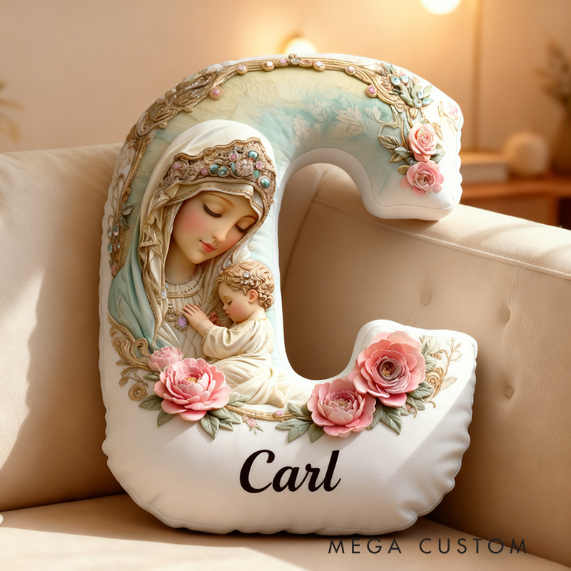 Personalized Virgin Mary Baby Jesus Letter Pillow Graphic 3D Print Pillow with Name Home Decor Religious Gift Catholic Faith Gift for Her