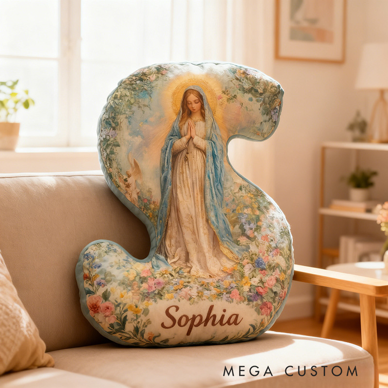 Personalized Floral Virgin Mary Graphic 3D Print Letter Pillow with Custom Name Home Decor Religious Gift Catholic Faith Gift for Her