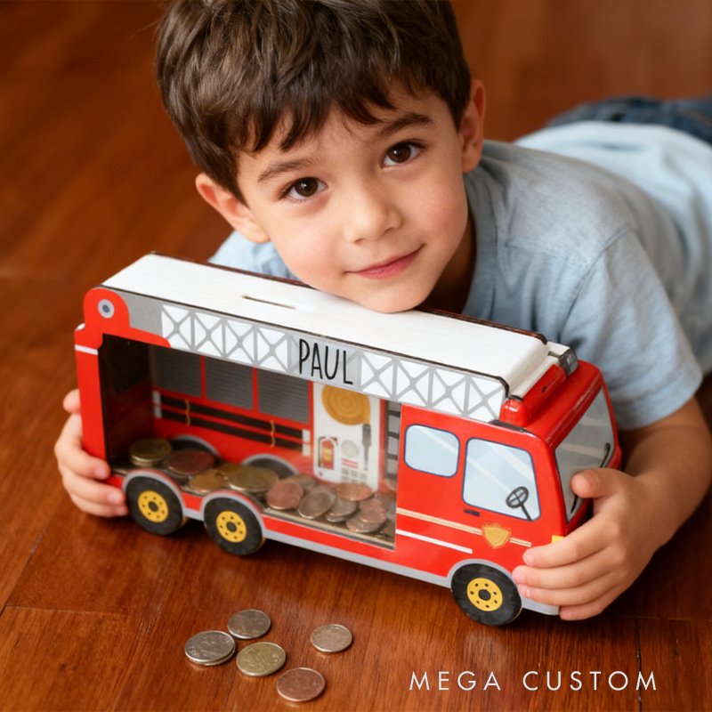 Personalized Fire Truck Piggy Bank, Custom Name Money Box, Fire Truck Piggy Banks for Boys Personalized, Construction Vehicle, Fire Truck