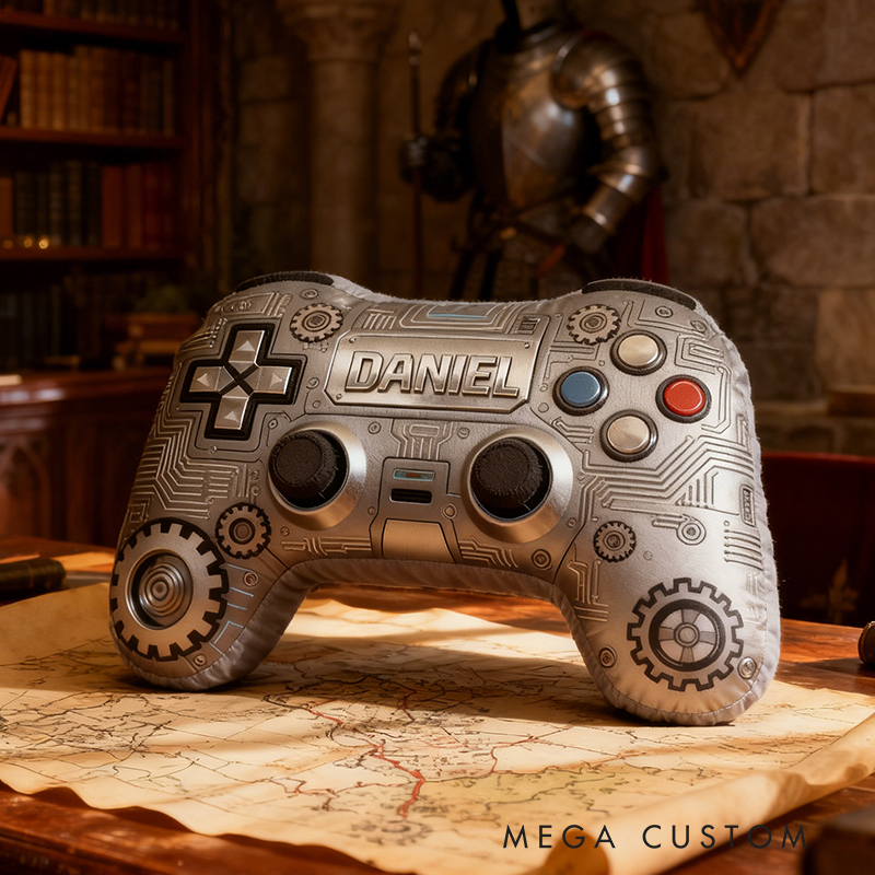Personalized Graphic 3D Print Retro Metallic Silver Game Controller Shaped Pillow for Game Lovers Plush Pillow Christmas Birthday Party Gift for Kids