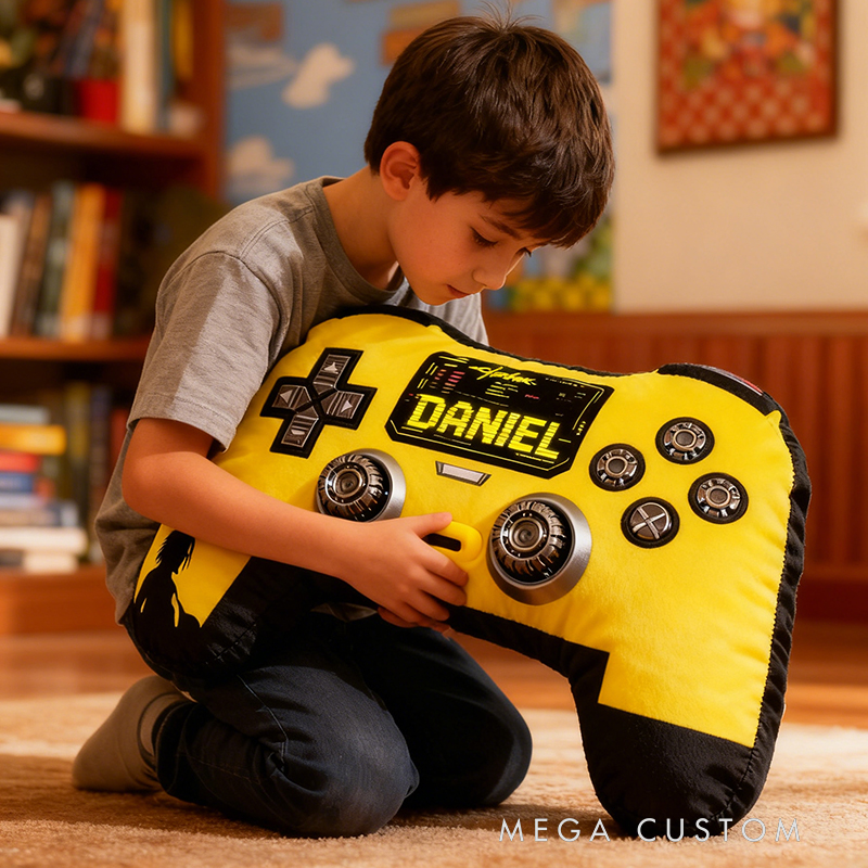 Personalized Graphic 3D Print Retro Yellow Game Controller Shaped Pillow for Game Lovers Plush Pillow Christmas Birthday Party Gift for Kids