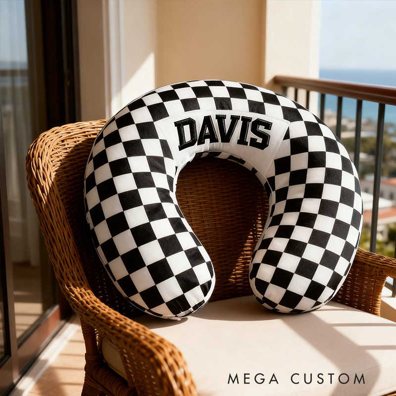 Personalized Racing Checkered Flag Travel Neck Pillow Custom Name U‑Shape Cushion for Racers and Racing Enthusiasts