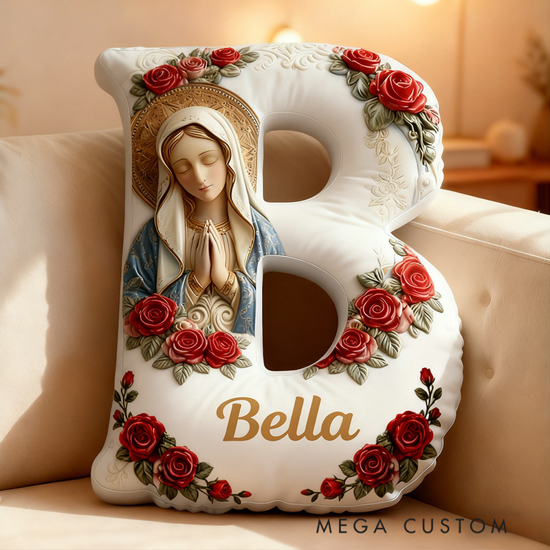 Personalized Our Lady Virgin Mary Letter Pillow with Custom Name Religious Home Decor Catholic Prayer Gift for Her Rose Graphic 3D Print Pillow