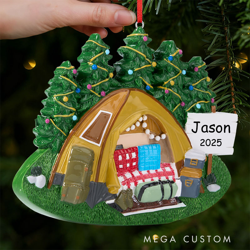 Tent Camping Personalized Ornament Family Vacation Hand Personalized Christmas Ornament