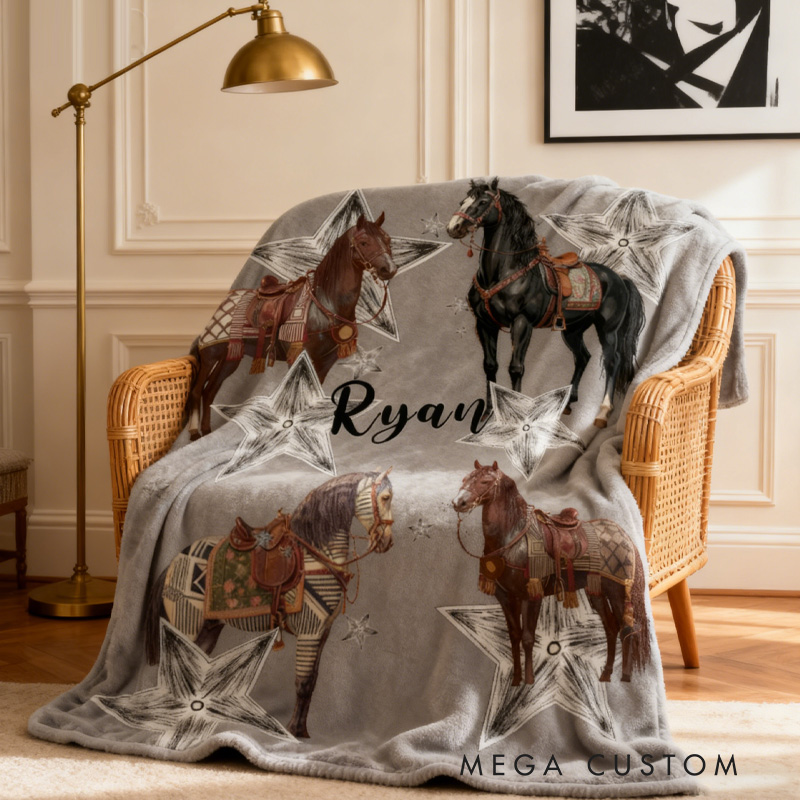 Personalized Riding Star Blanket Equestrian Horse Custom Name Festive Stars Decor with French Countryside Gifts Family Blanket for Riding Lovers Equestrian Lovers