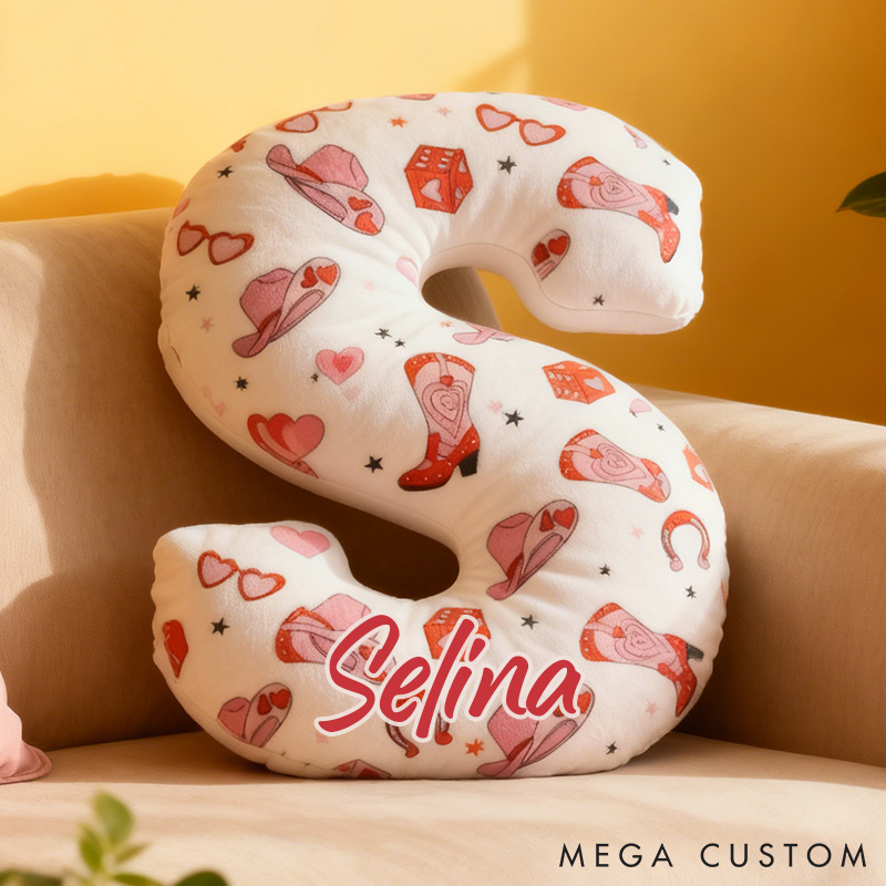 Personalized Pink Western Cowgirl Letter Pillow Custom Pink Valentine Gift Throw Pillow for Girlfriend Pink Cowgirl Boots Horseshoe Pillow for Her