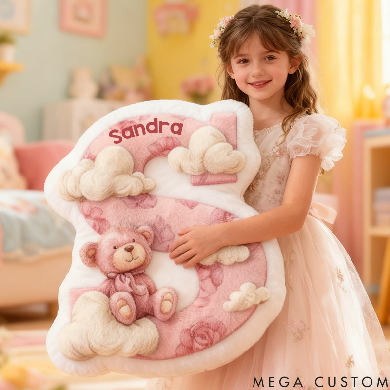 Personalized Flower Girl Pink Bear and Cloud 26 Letters Pillow Custom Girl friend Graphic 3D Printed Alphabet Initials Cushion Birthday Gift for Her