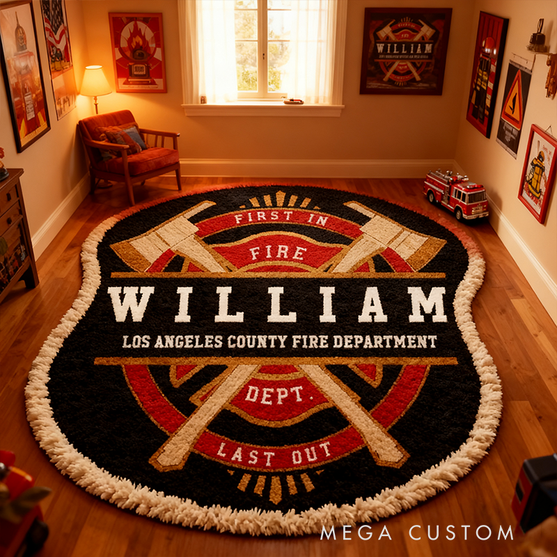 Personalized Firefighter Badge Rug Custom Name and Department Logo Carpet Gift for Firefighters and Hero Families