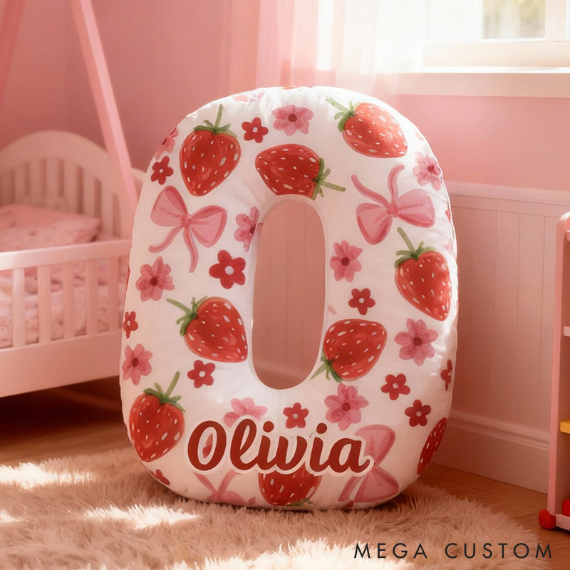 Personalized Rosette Strawberry Letter Pillow Initial Throw Pillow Custom Holiday Home Decor Letter Pillow for Flower Girl for Girl friend