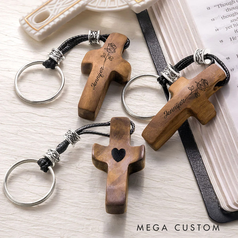 Personalized Wooden Cross Heart Keychain with Birthflower and Name Engraving Religious Gift Birthday Gift for Christians