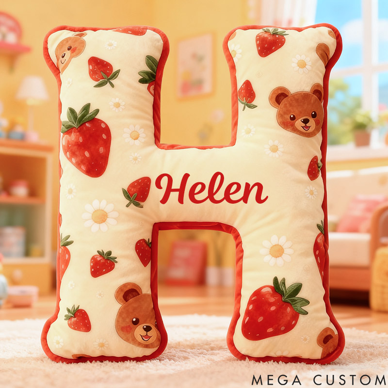 Personalized Girl friend Bear and Strawberry 26 Letters Pillow Custom Girlfriend Graphic 3D Printed Cushion Valentines Day Christmas Gift for Her