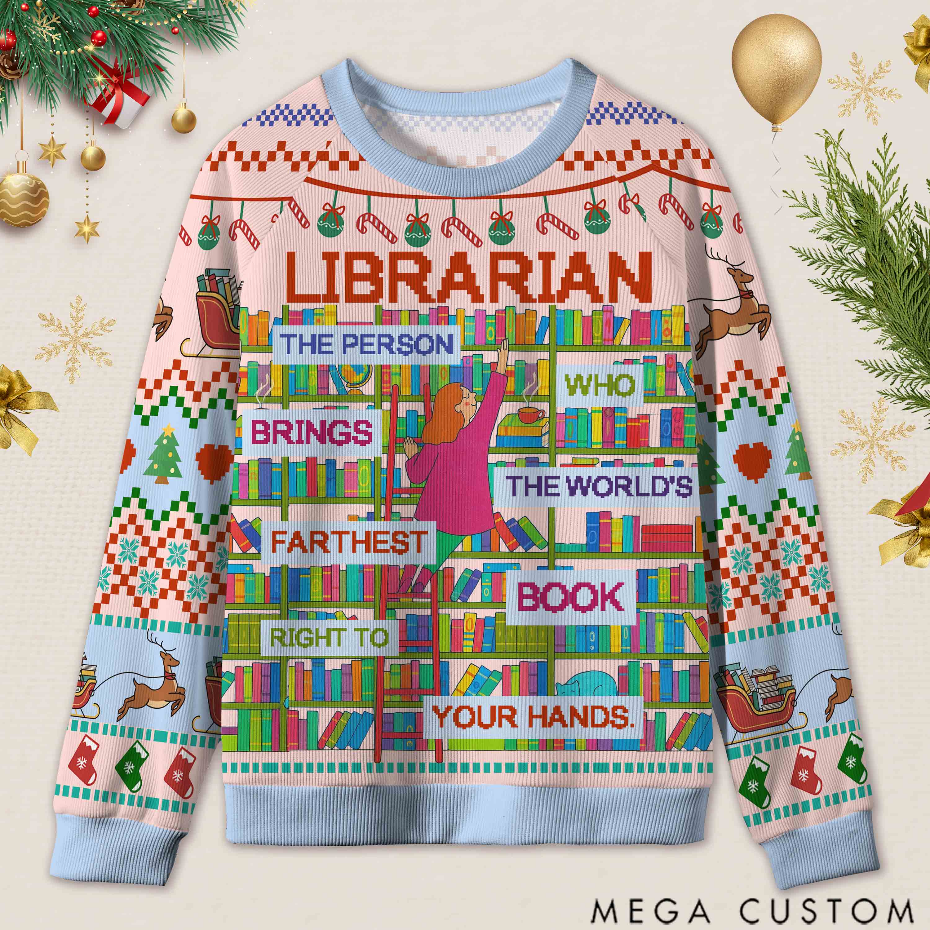 Personalized Book Lifting Workout Humor Ugly Sweater Office Holiday Party Gift for librarian