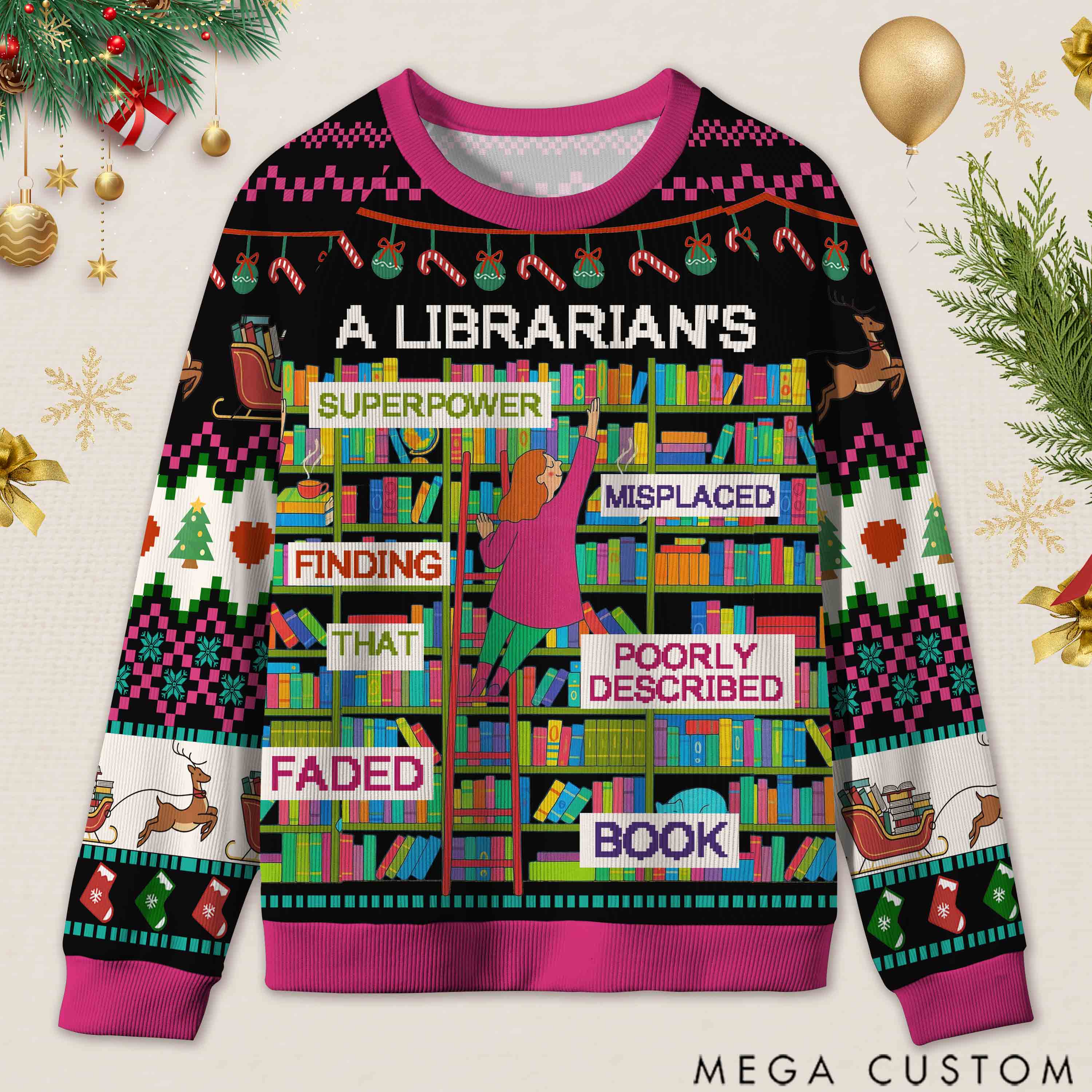 Personalized Librarian Superpowers Funny Ugly Sweater Office Holiday Party Gift for librarian