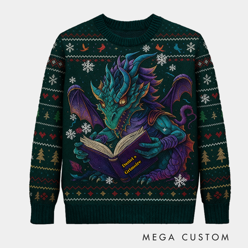 Personalized Magic Dragon Ugly Christmas Sweater Gift for Librarians and Reading Enthusiasts