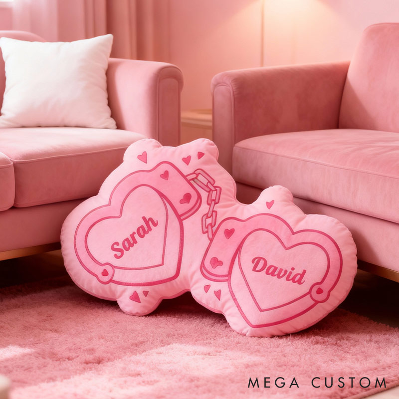 Personalized Couple Pink Heart Handcuff with Names Couple Home Pillow Romantic Valentine's Day Gift for Girlfriend for Wife Husband 