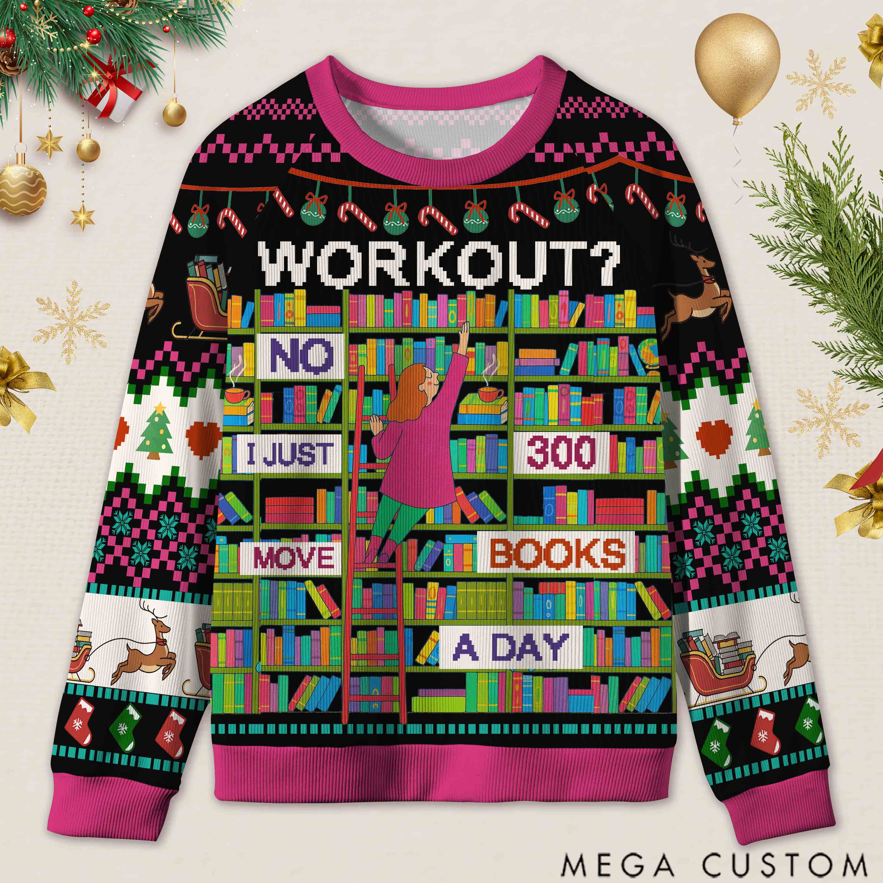 Personalized Book Lifting Workout Humor Ugly Sweater Office Holiday Party Gift for Book Lovers