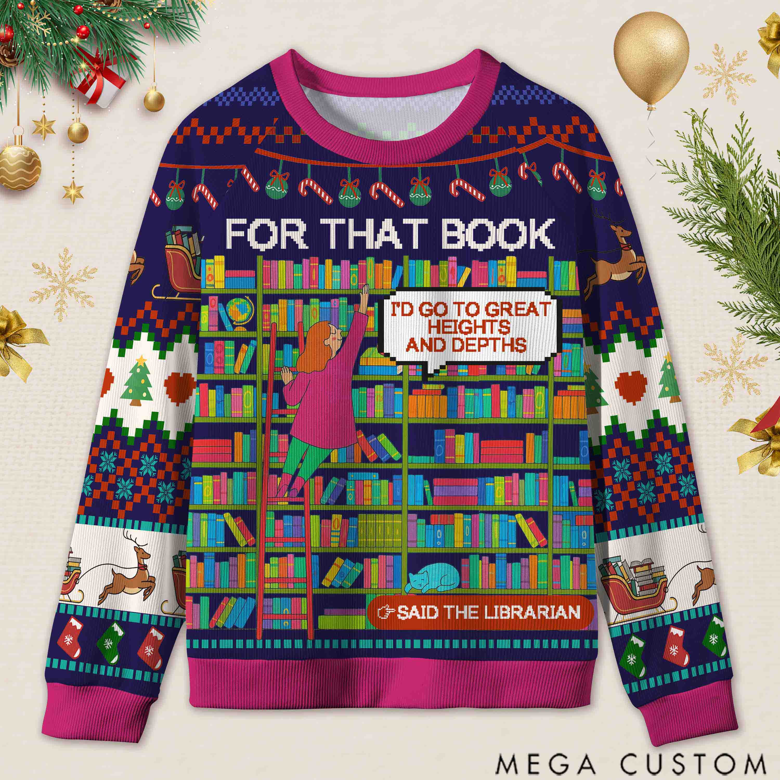 Personalized Library Slogan Witty Ugly Sweater Holiday Gift for Librarians
