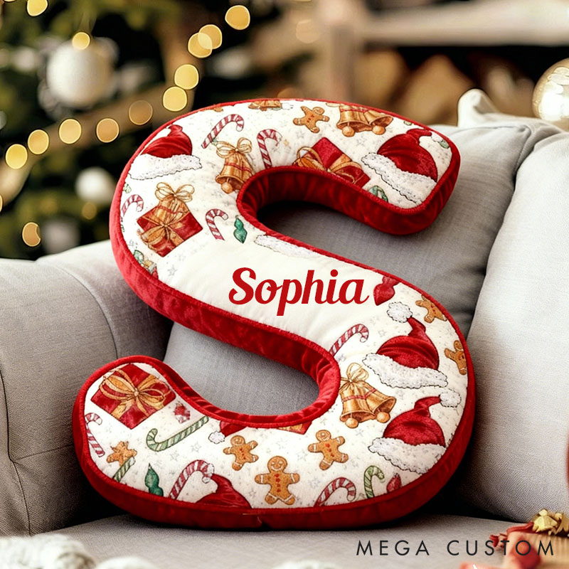 Personalized Christmas Letter Pillow Gingerbread Man Bell Christmas Gift Pattern Pillow Custom Holiday Vibes Throw Pillow Christmas Gift Pillow