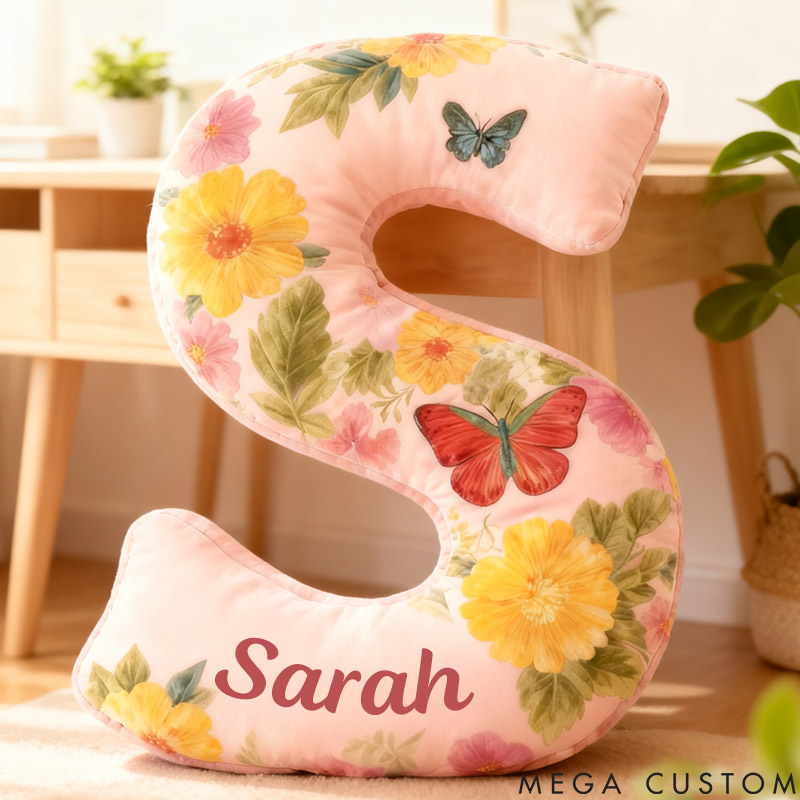 Personalized Flower Girl Oil Painting Style Butterfly Floral 26 Letters Pillow Girl friend Graphic 3D Printed Cushion Valentines Day Xmas Gift for Her