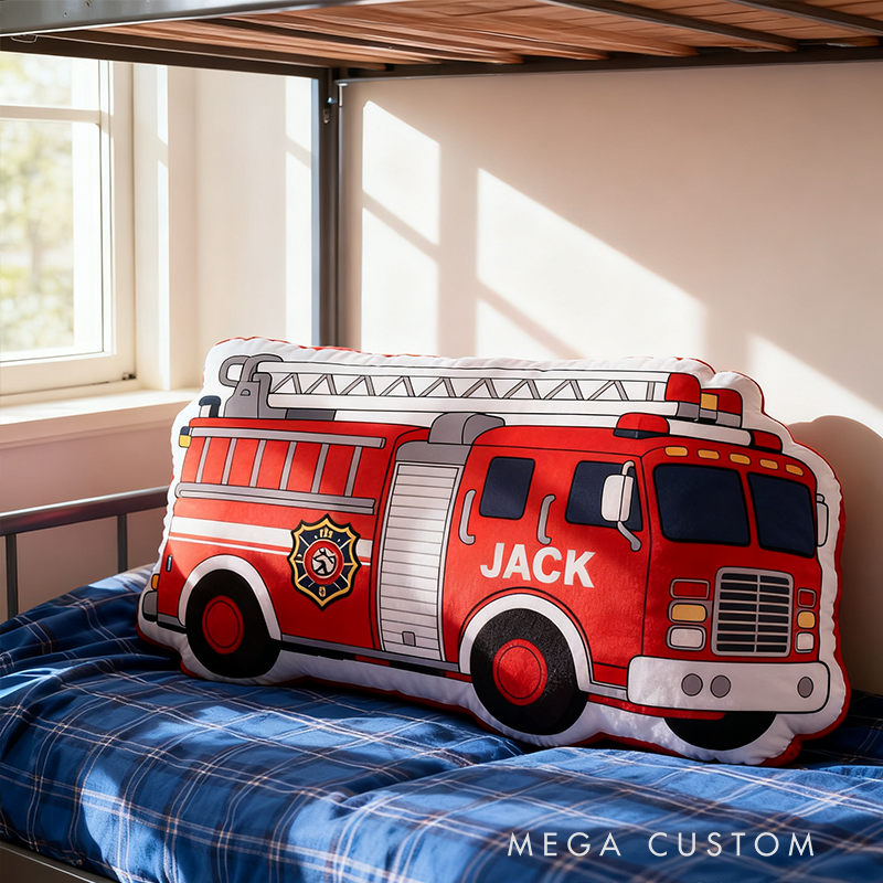 Personalized Fire Truck Pillow Custom Name Shaped Plush Cushion Gift for Firefighters