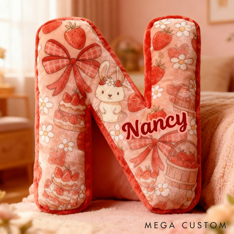 Personalized Strawberry Rabbit Letter Pillow Initial Rabbit Throw Pillow Custom Holiday Home Decor Letter Pillow for Flower Girl for Girl friend