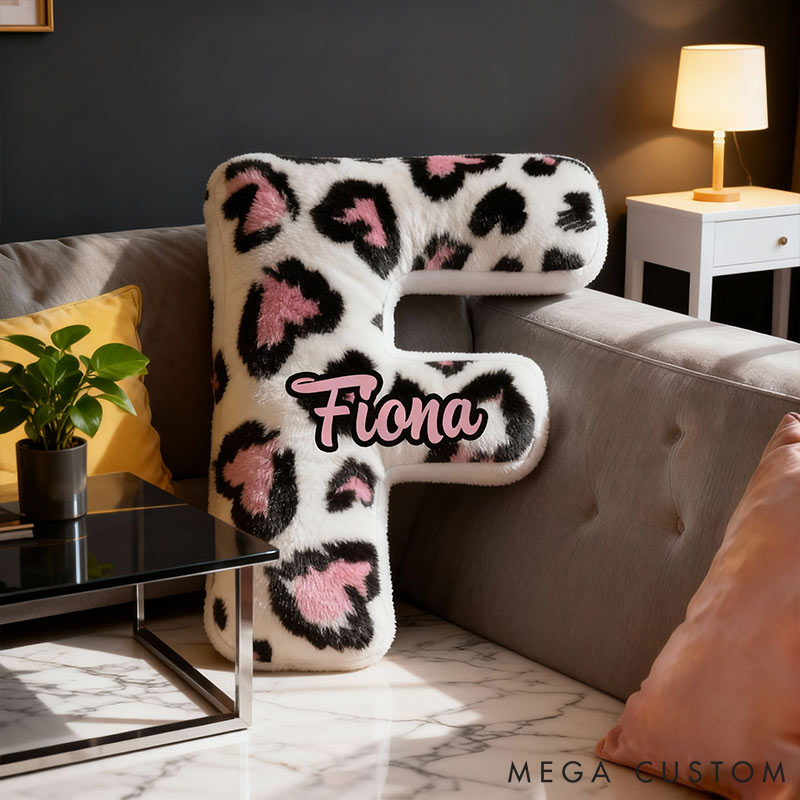 Personalized Pink Heart Leopard Letter Pillow with Name Initial Throw Pillow Custom Holiday Home Decor Letter Pillow for Girl friend