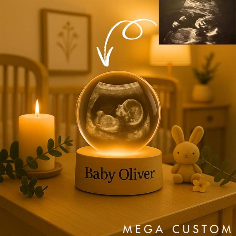 Personalized Crystal Ball Night Light, Custom 2D Photo Ultrasound Picture Frames, Luminous Wooden Base