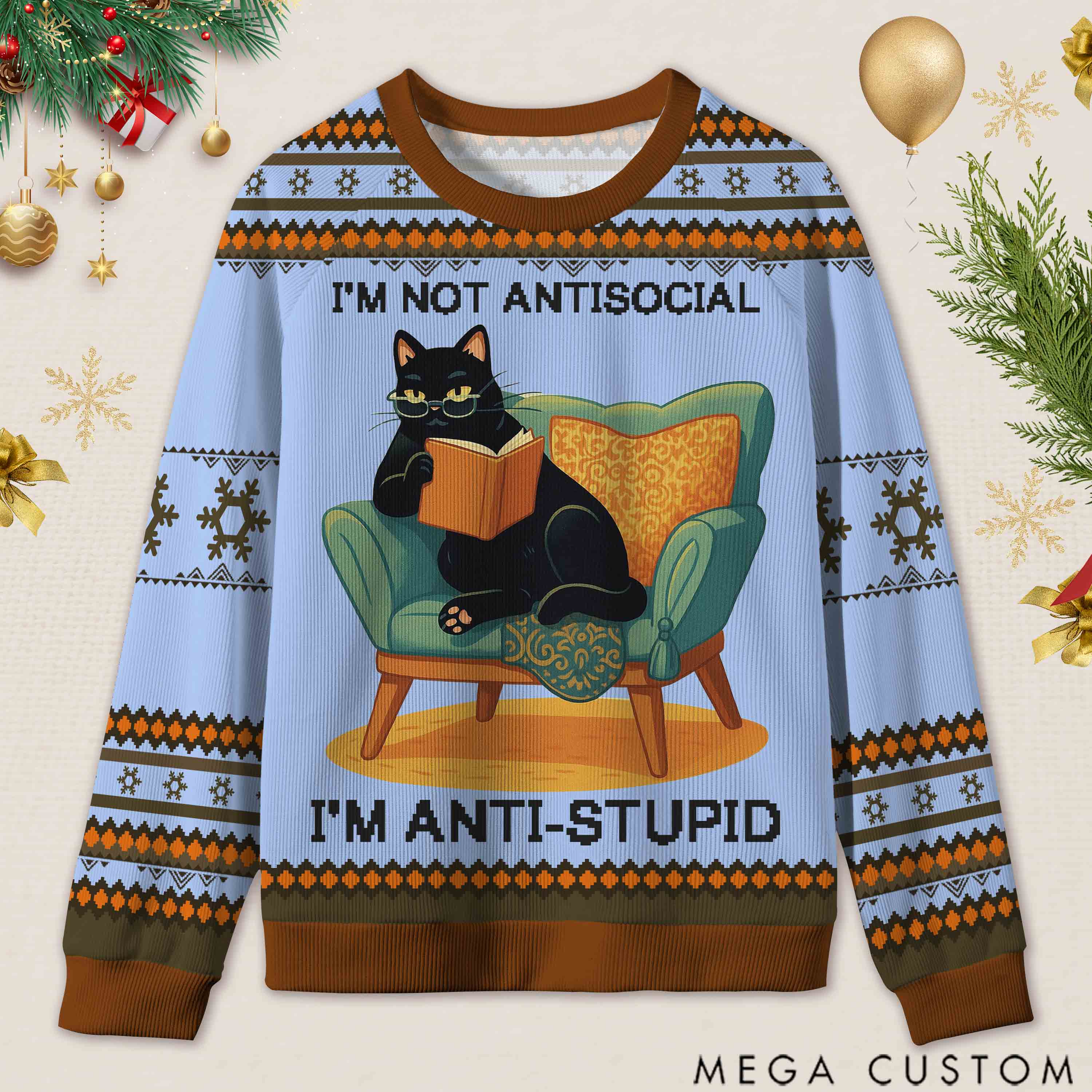 Personalized Wise Bookish Cat Reading Ugly Sweater Holiday Gift for Book Lovers