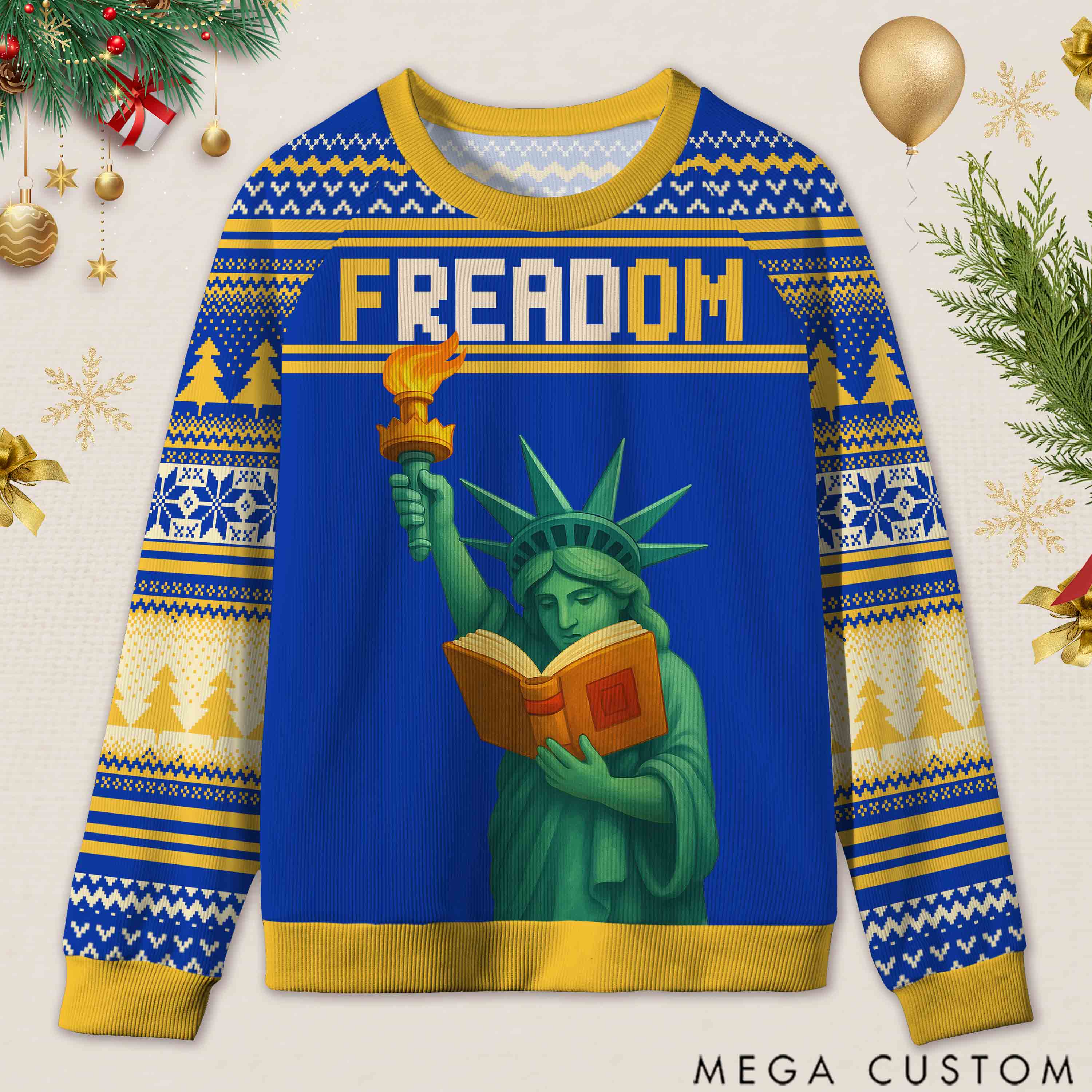 Personalized Reading Freedom Statue Fun Ugly Sweater Holiday Gift for Book Lovers