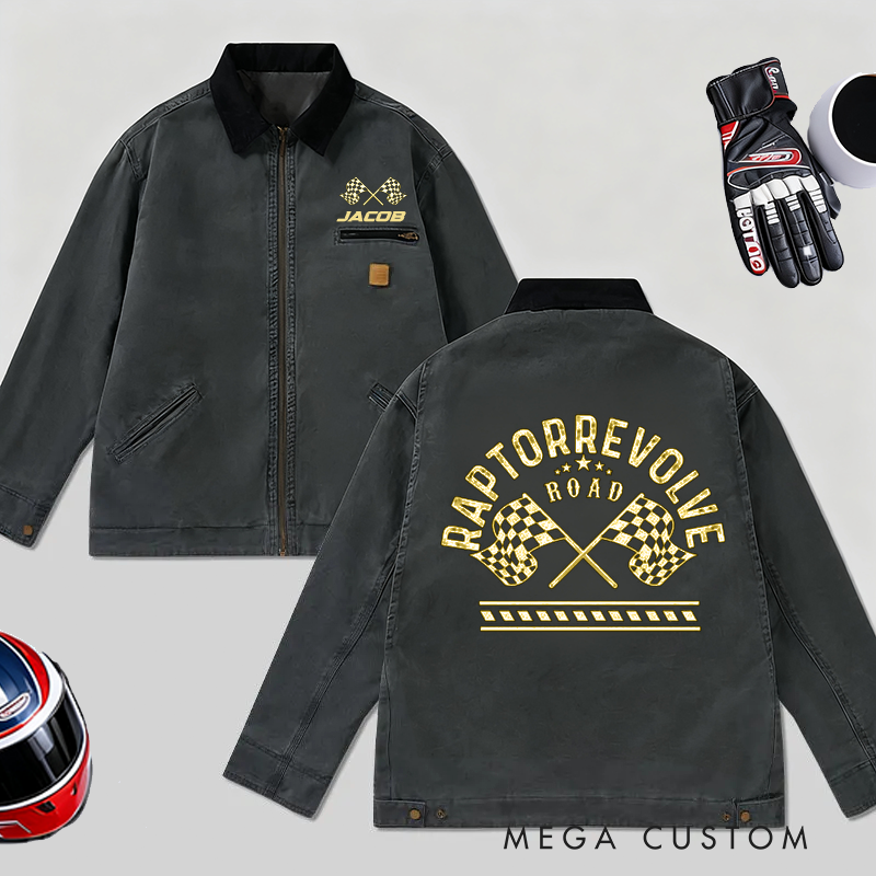 Personalized Racing Classic Work Jacket with Checkered Flag Custom Name Jacket for Racers and Racing Lovers