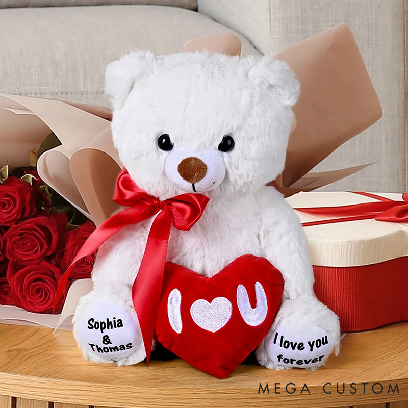 Personalized Couple I Love You Red Heart Bow Stuffed Bear with Name Stuffed Plush Bear Toy with Custom Text Valentines Day Anniversary Gift for Couple