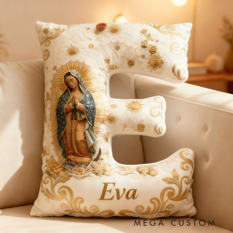 Personalized Our Lady Guadalupe Virgin Mary Floral Letter Pillow with Custom Name Religious Home Decor Catholic Gift for Women Graphic 3D Print Pillow